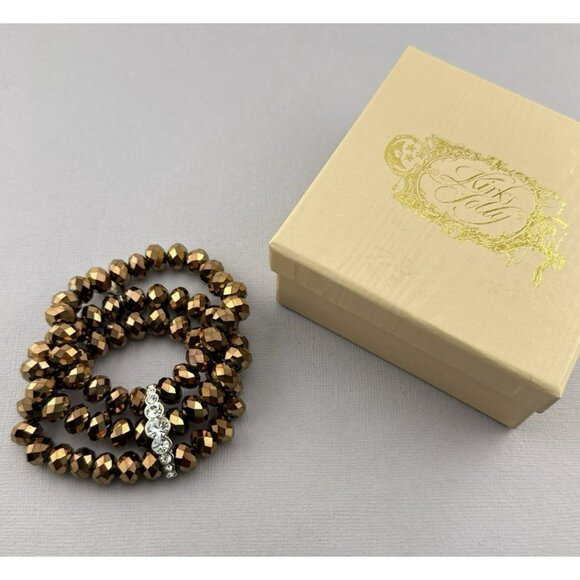 Kirks Folly  Bracelet Beaded Metallic Multi Strand Stretch Rhinestone Signed Box - Picture 1 of 9